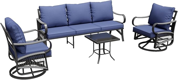 4 Piece Patio Furniture Set, All Weather Metal Outdoor Conversation Set with Swivel Chairs, Thick Cushions and Coffee Table for Garden, Porch, Lawn, Blue