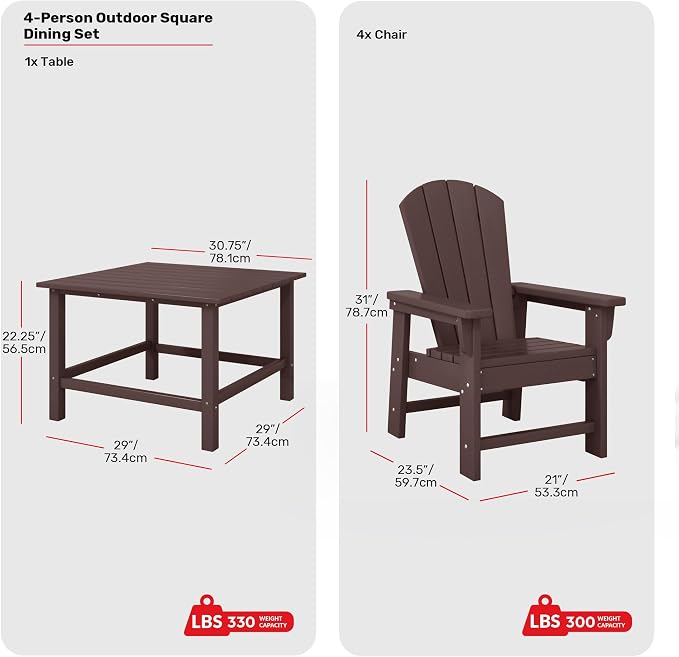 Costaelm Paradise Kids 5-Piece HDPE Outdoor Square Patio Dining Table and Chairs Set, Dark Brown
