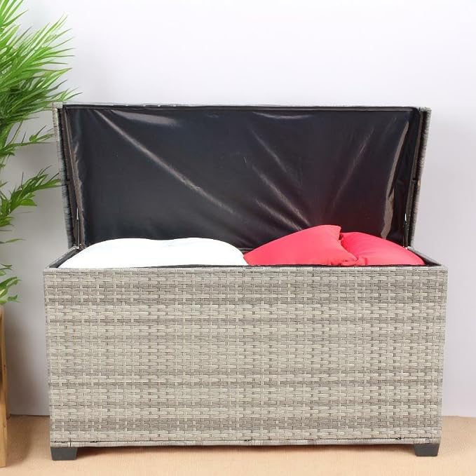 Storage Box, Wicker Patio Deck Boxes with Lid, Outdoor Cushion Storage for Pillows, Towel Grey Wicker,Deck Box and Patio Furniture Set for Garden, Pool, and Patio
