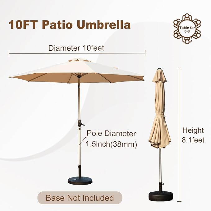 Domi 10FT Patio Umbrella, Outdoor Table Umbrella with Aluminum Pole, UV Protection Waterproof Market Sun Umbrella with Push Button Tilt and Crank for Garden, Deck, Backyard, Pool (Beige)
