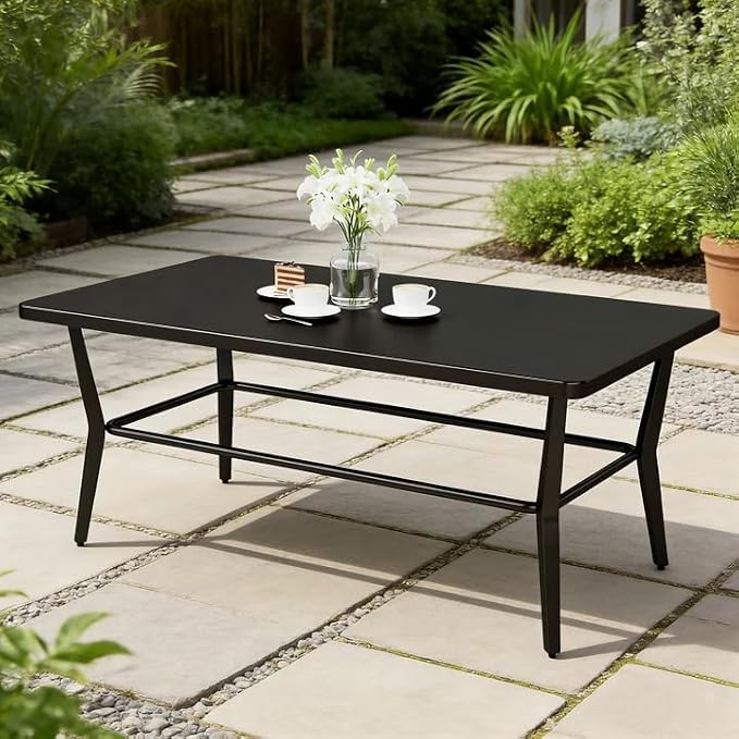 ALAULM Patio Coffee Table Rectangle, Outdoor Large Side Teatables Table-Weather Resistant Metal Steel for Patio, Backyard, Pool,Lawn(Black)