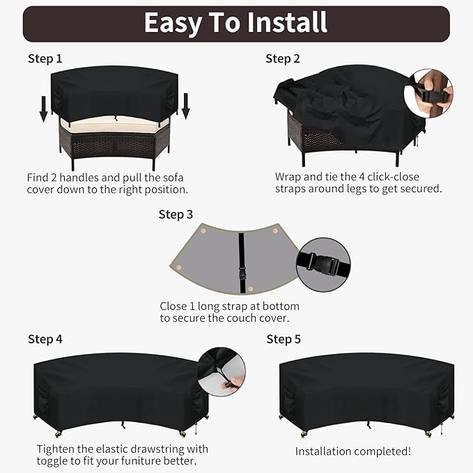 PureFit Outdoor Sectional Sofa Cover Waterproof Curved Patio Furniture Covers for Deck, Lawn and Backyard, 120Lx36Dx38Hx82FL, Black
