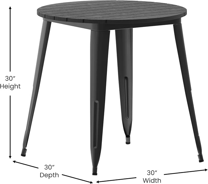 EMMA + OLIVER Drew Dining Table - Black 30" Round Poly Resin Table Top - Black Steel Base - All-Weather for Indoor/Outdoor Use