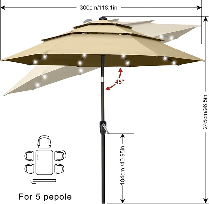 ABCCANOPY 3-Tiers 10FT Solar Patio Umbrella, Outdoor Umbrella with 32 LED Lights for for Deck, Pool, Garden, Backyard (Khaki)