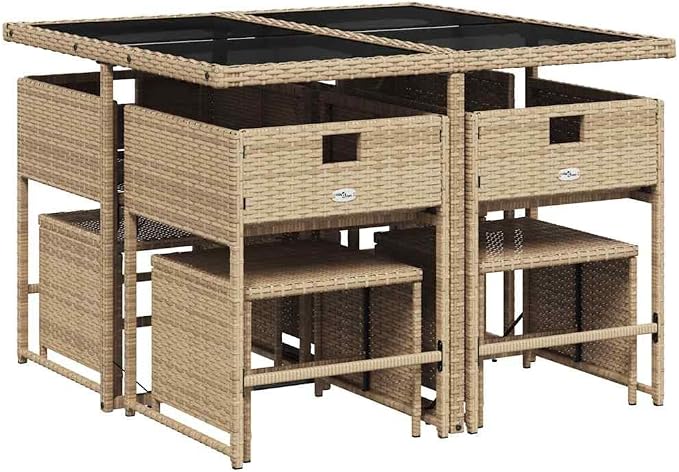 9-Piece Outdoor Garden Dining Set, Patio Table with 8 Chairs and Stools, Synthetic Poly Rattan Furniture with Cushions, Weather-Resistant Beige Dining Suite for Backyard and Terrace