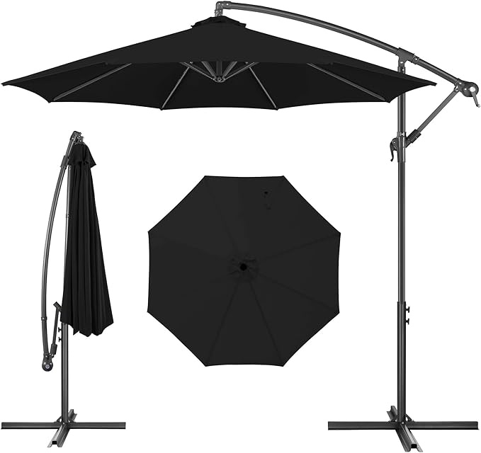 FLAME&SHADE 10ft Cantilever Patio Umbrella Outdoor, Large Offset Umbrella with Crank and Cross Base, UPF 50+ UV Protection Hanging Umbrella for Pool Deck Garden, Black