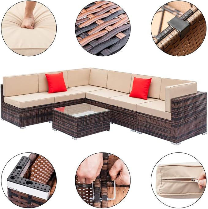 7 Pieces Outdoor Patio Furniture Set Rattan Sofa Brown Wicker Patio Conversation Set with Cushions,Outdoor Patio Furniture Sets, Outdoor Couch, Sofa Patio Sets for Yard Balcony Poolside w/Coffee Table