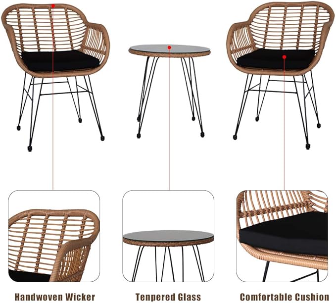 Patio Furniture Set, 3-Piece Outside Bistro Set Rattan Wicker Chairs, Tempered Glass Table, Outdoor Conversation Set,Outside Patio Conversation Sets