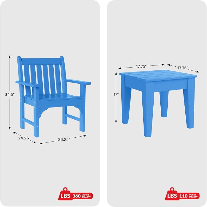 Costaelm Outdoor Patio Table and Chairs Set of 2, 2-Piece HDPE Garden Chair with Square Adirondack Side Table Set, Porch Chairs Coffee Table for Outside Porch Backyard, Pacific Blue