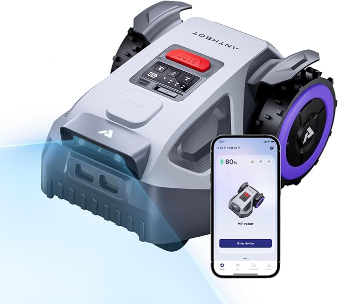 ANTHBOT M5 Robot Lawn Mower 1/8 Acre, Dual Vision+Full-Band RTK Robotic Lawnmower, No Perimeter Wire, App Control Obstacle Avoidance, 45% Slope, Cutting Height, Multi-Zone Mapping