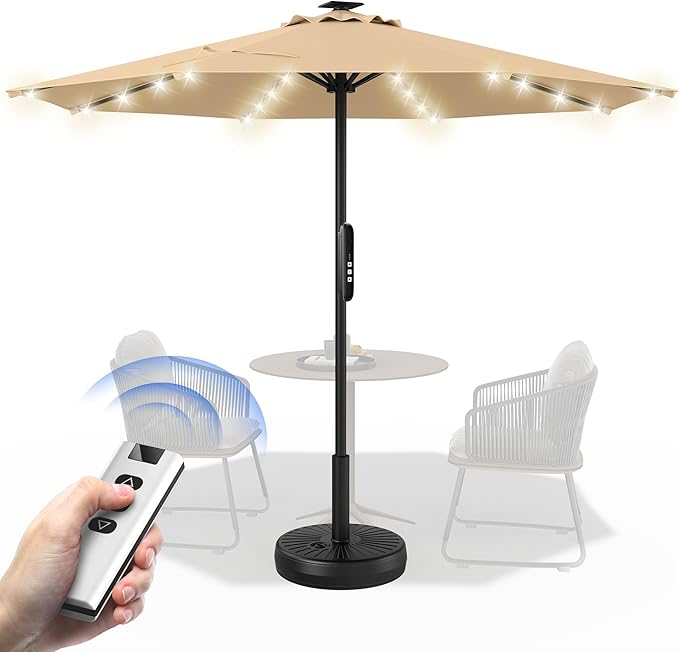 HOMSHADE 9 FT Motorized Patio Umbrella with Remote Control, Outdoor Patio Umbrella with Solar Lights, Umbrella Outdoor Patio with UPF50+ UV Protection, 5-Year Fade Resistant for Deck, Backyard, Pool