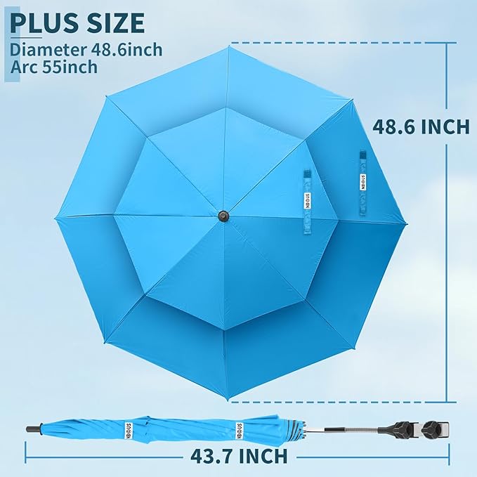 48.6" Double Canopy Beach Umbrella with Clamp, UPF50+ Beach Chair Umbrella with clip, 360°Adjustable Portable Outdoor Wheelchair, Patio, Golf Carts,Camping(Sky/Blue)