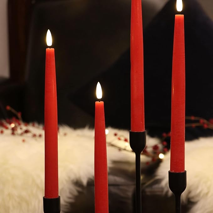 Rhytsing 29cm Flameless Taper Candles with Timer, Battery Operated Dinner Table Long Candlestick Rustic Wax, Warm White LED, 2 Remotes Included - Set of 6 (Red)