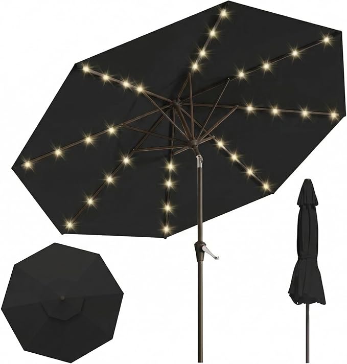 10FT Solar Lighted Patio Umbrella, Outdoor Table Market Umbrellas with Push Button Tilt and Crank, 32 LED Lights, 8 Sturdy Ribs, UV-Resistant for Deck, Garden, Pool