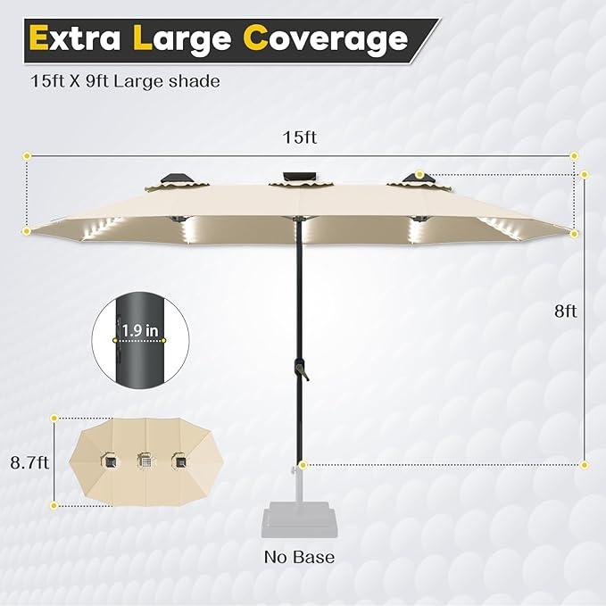 AECOJOY 15ft Patio Umbrella with Solar Lights, Large Patio Umbrella with Crank Handle and 156 PCS LED Lights, Double Umbrella Outdoor Patio Rectangular Market Umbrella for Backyard Deck Pool in Tan(1.9" Pole)