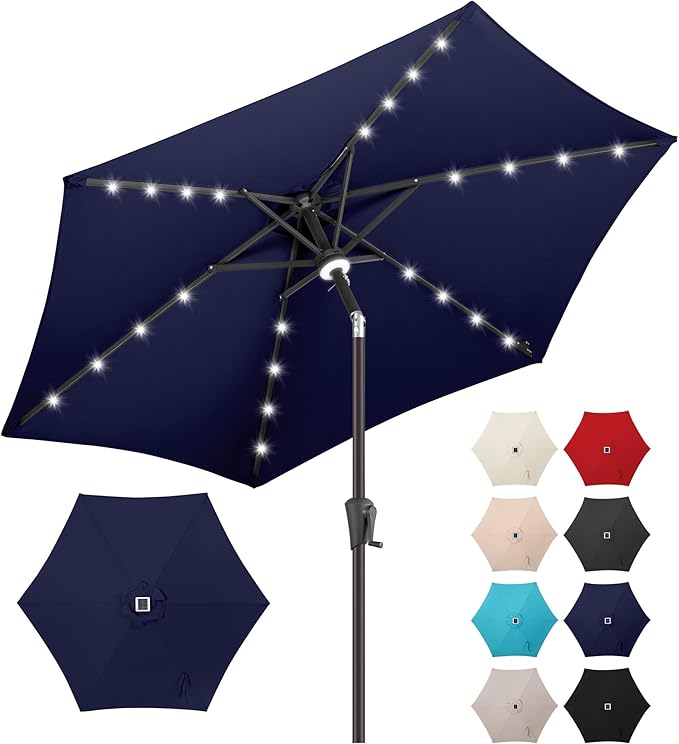 Jarka&Co 7.5ft Solar Patio Umbrella - Lighted Solar Outdoor Umbrella with 24 LED Lights Waterprool UV Protection, Market Table Umbrella with Tilt for Backyard, Garden, Pool, Porch (Navy Blue)