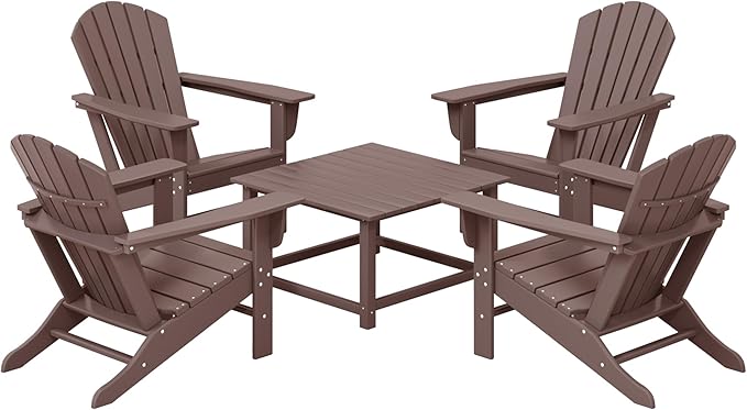 Costaelm Patio Conversation Set, Patio Chairs Set of 5 Balcony Firepit Furniture Outdoor Adirondack Square Table and Chair Backyard Furniture Set for Lawn Porch Pool Garden, Dark Brown