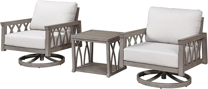 3-Piece Aluminum Swivel Patio Furniture Set, Outdoor Patio Bistro Set with 2 Swivel Sofa Armchairs and Side Table, Rustproof Patio Conversation Set with Cushions for Deck, Balcony, Limed Oak