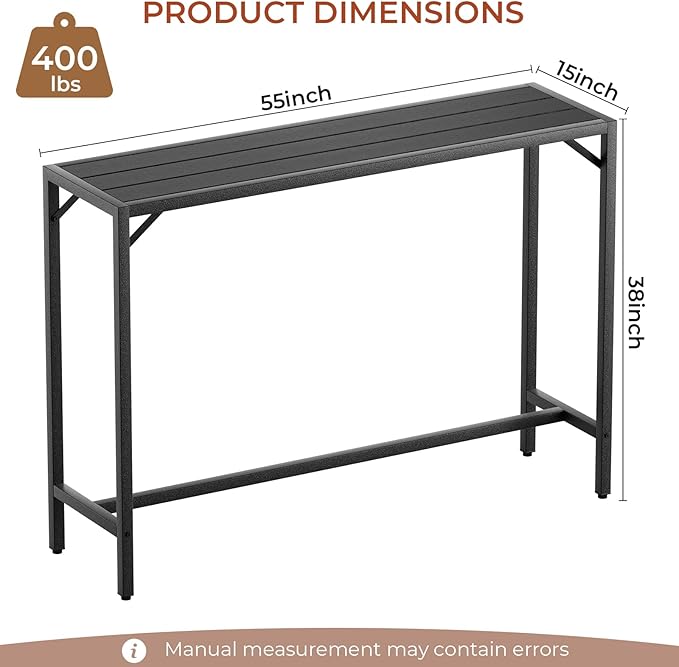 TLSUNNY Outdoor Bar Table, 55" Patio Counter Height Table, High Top Furniture w/HDPE Top, E-Coating & Hammer-Finish Frame, Adjustable Foot, All Weather for Hot Tub,Balcony,Poolside,Kitchen