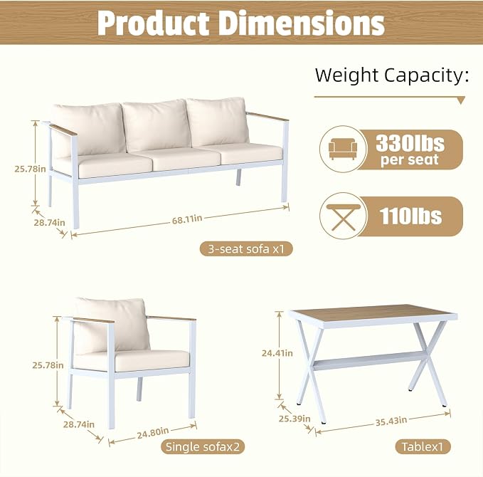 Aug-guan Aluminum Patio Furniture Set 4 Piece, Outdoor Conversation Set with 5" Cushions, Olefin Fabric, Rustproof Frame, Non-Slip Feet, Compact Patio Sofa Set for Balcony, Backyard, Porch,White