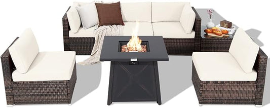 Tangkula 7 Piece Patio Furniture Set w/Fire Pit Table, Patiojoy Outdoor Rattan Conversation Sofa Set w/30 Square Propane Fire Pit Table, 50,000 BTU Heat Output, Protective Cover Included (Off White)