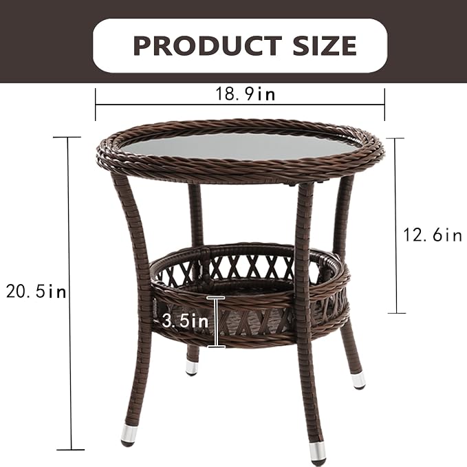Outdoor Side Table Patio Wicker Coffee Table Outdoor End Table Rattan Bistro Table with Storage & Black Glass Table Top Round for Outside Balcony Porch Backyard Deck Brown