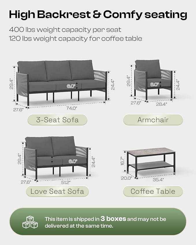 Aluminum Patio Furniture Set, 4 Seats Modern Outdoor Sectional Furniture with PE Rope & Dual-Layer Coffee Table, Luxury Patio Conversation Sets with 6" Cushions for Backyard/Garden, Charcoal