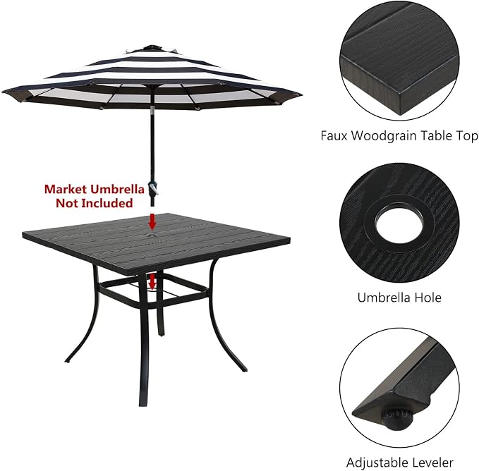 Grand patio Outdoor 37-Inch Square Dining Table Weather-Resistant Picnic Table Embossed Woodgrain with 1.5”Market Umbrella Hole for Garden, Lawn, Backyard