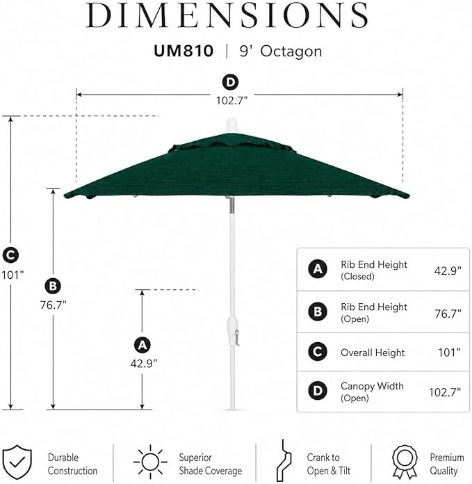 Treasure Garden 9ft Patio Umbrella - Outdoor Furniture Market Umbrella – Deluxe Auto-Tilt – White Aluminum Frame (Sunbrella, Forest Green)