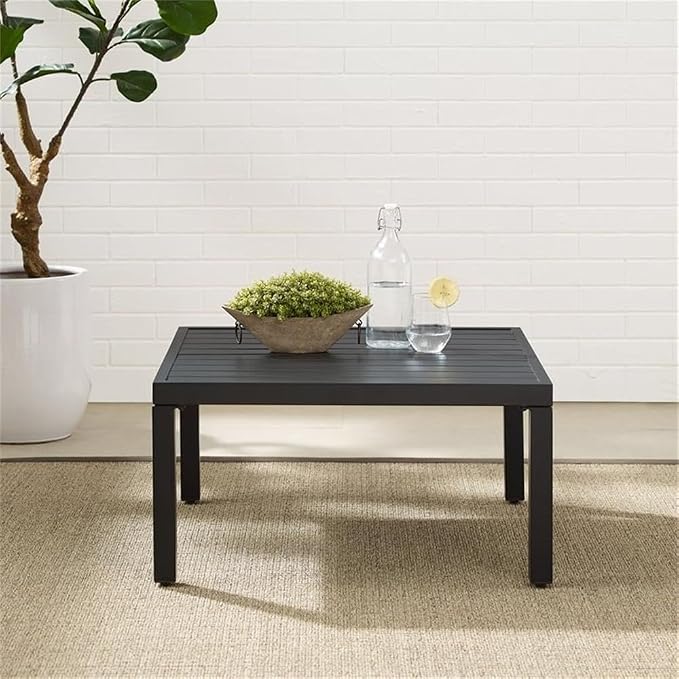Pemberly Row Modern Metal Outdoor Sectional Coffee Table, Matte Black Finish, 28.5 in x 28.5 in x 14.5 in, Weather-Resistant Rustproof Steel, Slatted Top, Patio or Balcony Furniture for Outdoor Use