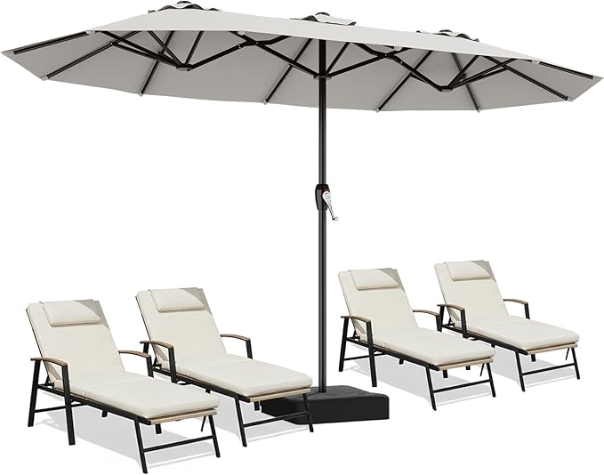 AreShark 15ft Patio Umbrella with Base, Double Sided Outdoor Umbrella with 12 Fiberglass Ribs, Large Outdoor Umbrella for Garden, Pool, Deck, Backyard & Market, Light Grey
