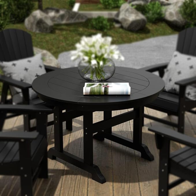 WestinTrends Malibu Patio Dining Table, All Weather Poly Lumber Adirondack 47" Trestle Round Outdoor Table with Umbrella Hole, Black