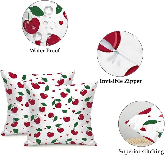 16x16 Inch Outdoor Pillow Covers Set of 2 Waterproof Throw Pillow Covers Decorative Couch Cushion Covers Cherry Leaf Fruit Square Pillowcases Protectors for Patio Garden Sofa
