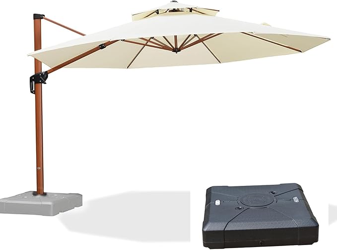 PURPLE LEAF Cantilever Umbrella with Base Outdoor Round Umbrellas Large Cantilever Umbrella Windproof Offset Heavy Duty Sun Umbrellas for Garden Deck Pool Patio, 13ft Cream