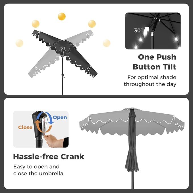 Tangkula 10 FT Solar Patio Umbrella with Base Included, 2-Tiers Outdoor Scalloped Table Umbrella with 32 LED Lights, 2 Sandbags, Tilt Adjustment, Crank, 8 Ribs for Market Backyard Pool Deck Beach Lawn (Gray, 10 FT)
