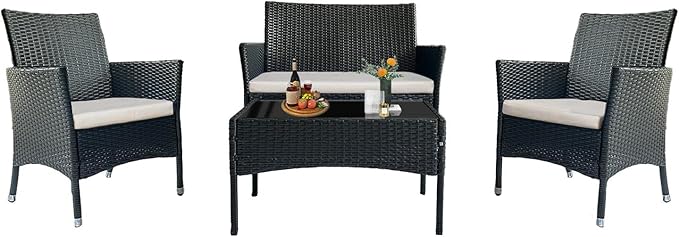PatLoom 4-Piece Outdoor Furniture Set,Dark Brown Rattan Wicker Patio Sofa,Elegant Patio Conversation Set with Glass Top Coffee Table for Garden, Backyard, Poolside, Balcony (Beige Cushions)