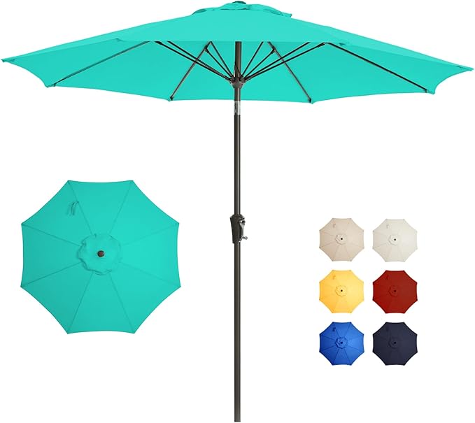 9FT 9FT Outdoor Patio Umbrella Outdoor pool Umbrella with Push Button Tilt and Crank, Market Umbrella 8 Sturdy Ribs UV Protection for Garden, Deck, Backyard (Turquoise)