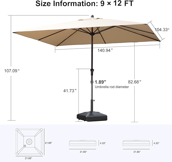 PURPLE LEAF 12' x 9' Rectangle Patio Market Umbrella with Base Outdoor Table Umbrellas Aluminum Frame Sun Shade with 8 Sturdy Ribs for Garden Deck Lawn Pool Beige