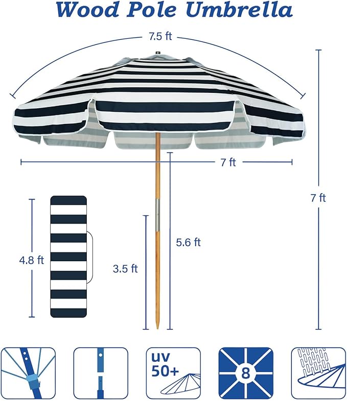 AMMSUN 7.5ft Heavy Duty HIGH Wind Beach Umbrella Commercial Grade Patio Beach Umbrella with Air Vent Ash Wood Pole & Carry Bag UPF50+ Protection Navy Stripe