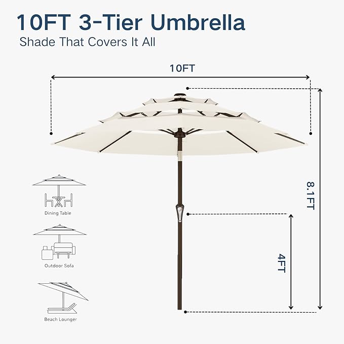 10FT Patio Umbrella 3 Tiers Outdoor Market Umbrella w/Push Button Tilt, Crank, UV and Waterproof Table Umbrella for Garden, Pool, Backyard, Deck, Lawn, Creamy White