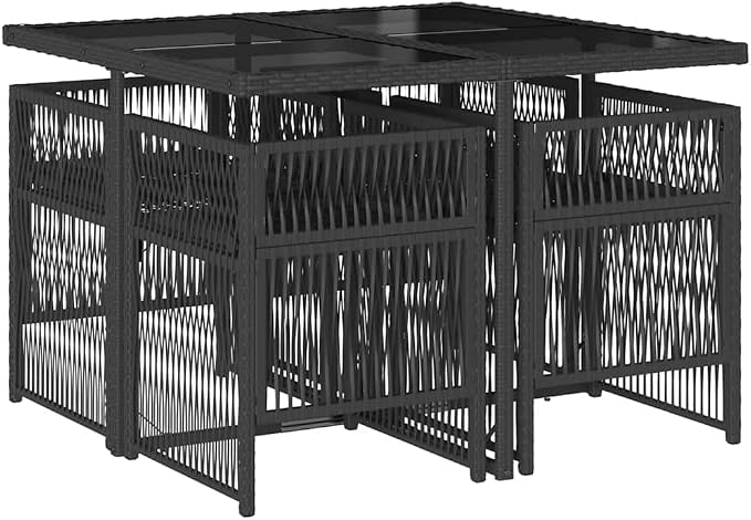 5-Piece Outdoor Patio Dining Set, Poly Rattan Garden Table and 4 Folding Chairs with Cushions, Space-Saving Cube Design, Black