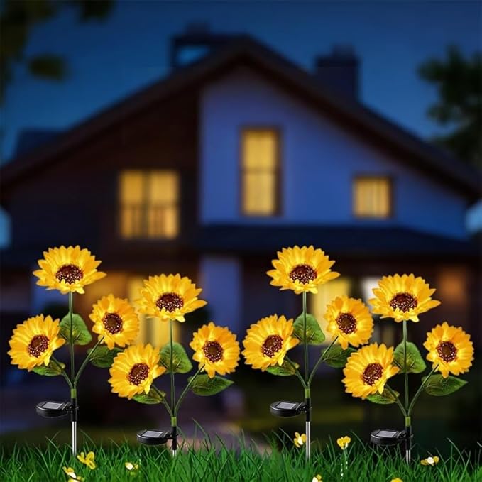 2026 Upgraded Solar Garden Lights, 4-Pack 12 Sunflowers Outdoor Waterproof Solar Lights, 27” Tall Auto On/Off Solar Flowers Lights for Garden Patio Yard Backyard Decor