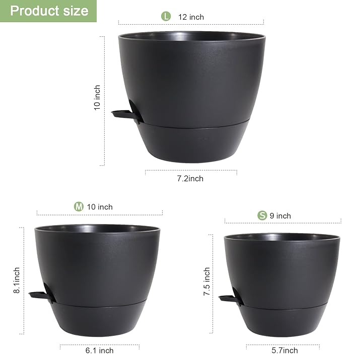 WSMKSZ 12/10/9 inch Large Self Watering Pots, Planter, Plant Pots with Mesh Drainage Holes for Indoor Outdoor Garden Plants, Plastic Flower Pots with Removable Deep Reservoir, Black