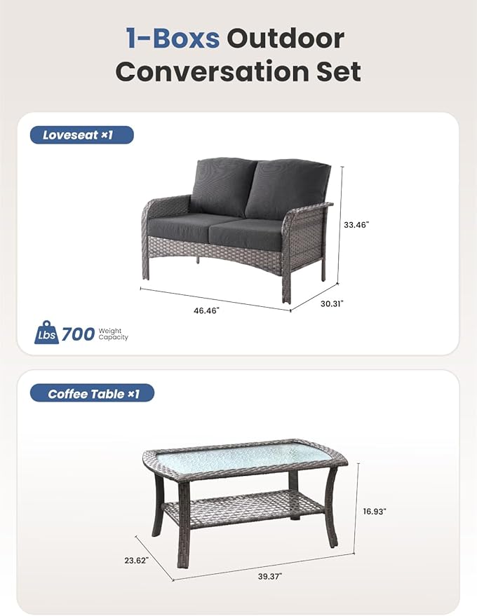 2-Piece Outdoor Patio Furniture Set with Coffee Table, Outdoor Conversation Wicker Sofa with Thickened Cushions, Rattan Couch for Deck Yard Poolside, Black