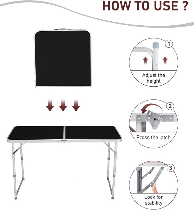 Outvita 4ft Portable Folding Camping Table, Outdoor Waterproof Adjustable Height Table, Aluminum Lightweight Suitcase Foldable Table for Picnic BBQ Beach Dining