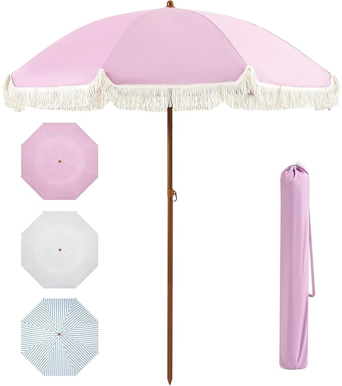 Aoxun 7ft Patio Umbrella with Fringe,Outdoor Beach Umbrella with Aluminum Pole, Ribs Push Button Tilt and Carry Bag, UV 50+ Picnic Tassel Umbrella(Pink)