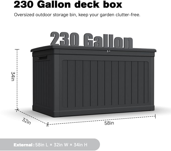 Large Outdoor Storage Deck Box, Resin Patio Container with Lockable Lid, Hydraulic Lift, Wood Texture Panels, Bench Table Function for Cushions Garden Tools Pool Gear Sports Equipment (230 Gallon)