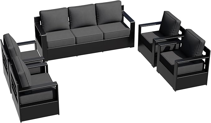 Outdoor Aluminum Furniture Set, 5-Piece Patio Conversation Set, 4 Chairs and 1 Sofa, All-Weather Metal Frame, 6" Thick Removable Cushions, Deep Setting for Garden, Poolside and Porch