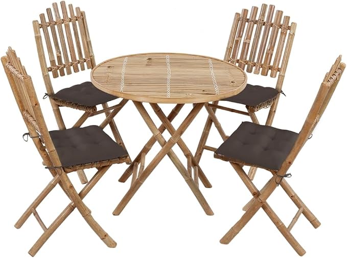 5 Piece Bamboo Folding Patio Dining Set with Cushions, Round Outdoor Table and 4 Foldable Chairs for Backyard Balcony and Porch, Rustic Wood Bistro Furniture Set