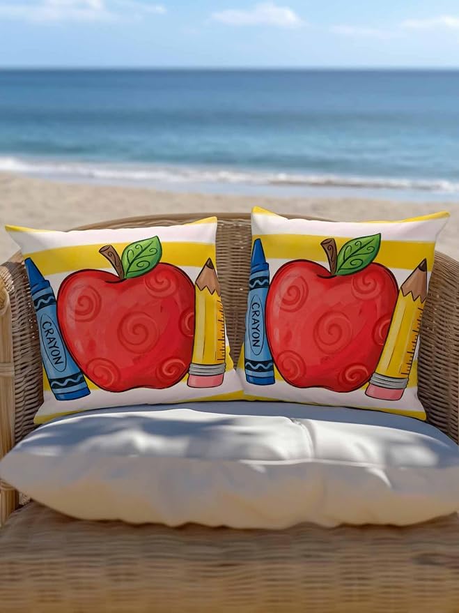 1 Pack Outdoor Throw Pillow, Children's Day Waterproof Pillow with Insert Included, Funny Cartoon Pencil Yellow Striped Decorative Accent Cushion Sofa Pillows for Patio Porch, 18 x 18 in